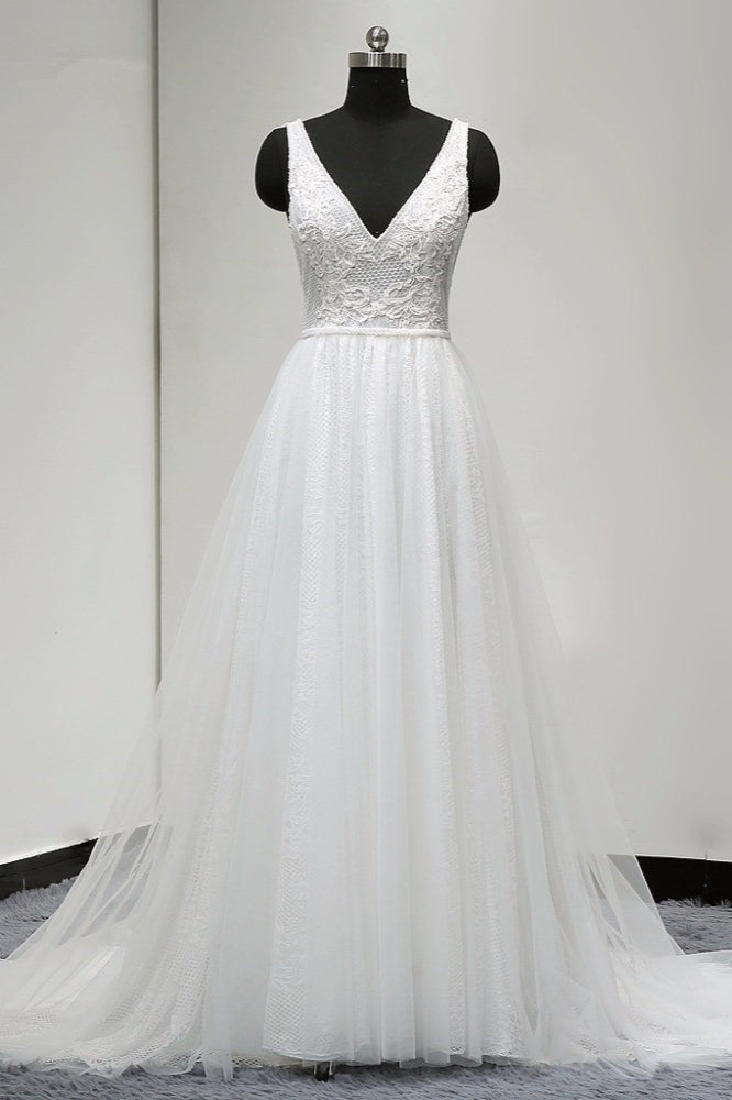 Chic Straps V-Neck White Tulle Lace Wedding Dress Sleeveless Ruffles Bridal Gowns On Sale-27dress