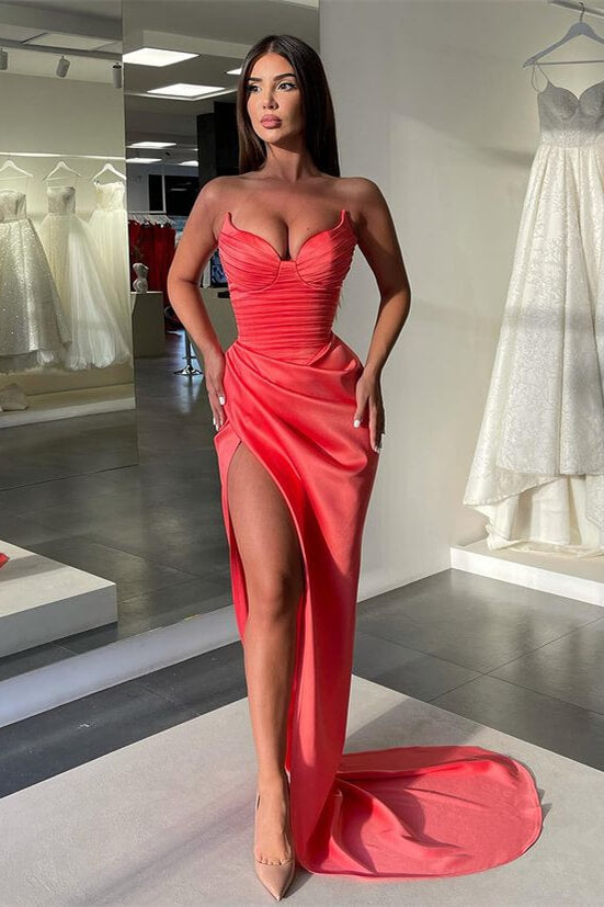 Chic Sweetheart Mermaid Sleeveless Pleated Long Prom Dress With High Split