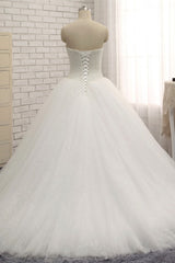 Chic Sweetheart Pearls White Wedding Dresses A-line Tulle Ruffles Bridal Gowns Online-27dress