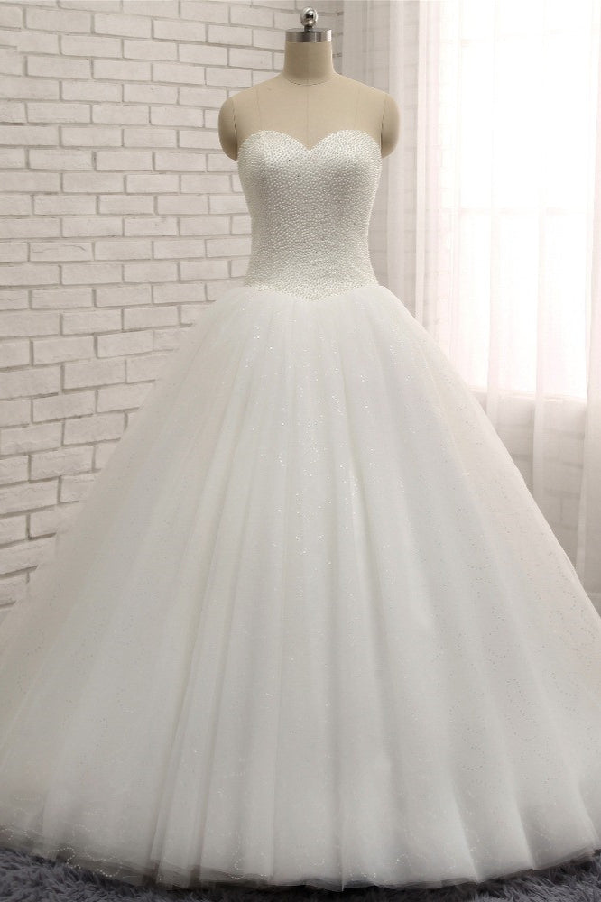 Chic Sweetheart Pearls White Wedding Dresses A-line Tulle Ruffles Bridal Gowns Online-27dress