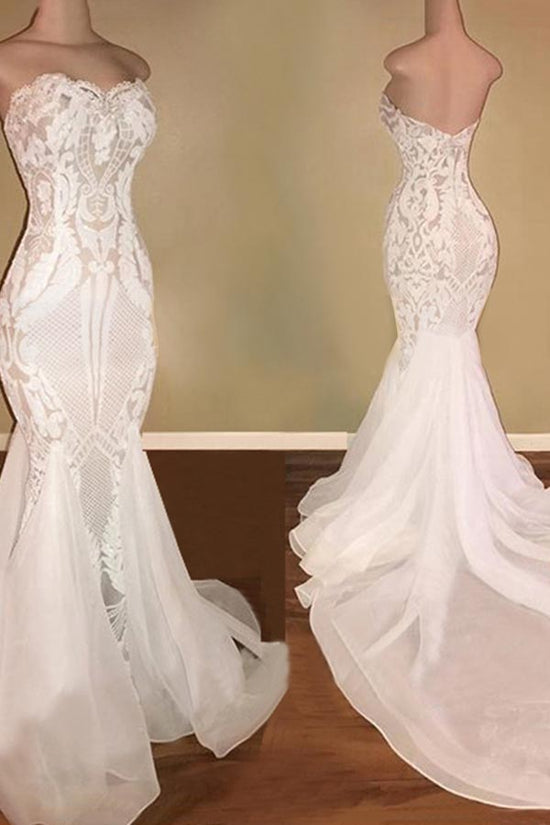 Load image into Gallery viewer, Chic Sweetheart White Mermaid Wedding Dresses With Appliques Tulle Ruffles Bridal Gowns On Sale-27dress
