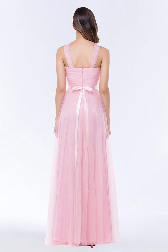 Load image into Gallery viewer, Chic Tulle Ruffle Halter Sleeveless Pearls Bridesmaid Dress with Sash-27dress

