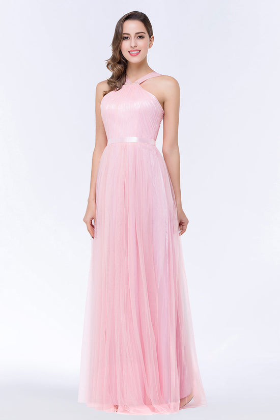 Load image into Gallery viewer, Chic Tulle Ruffle Halter Sleeveless Pearls Bridesmaid Dress with Sash-27dress
