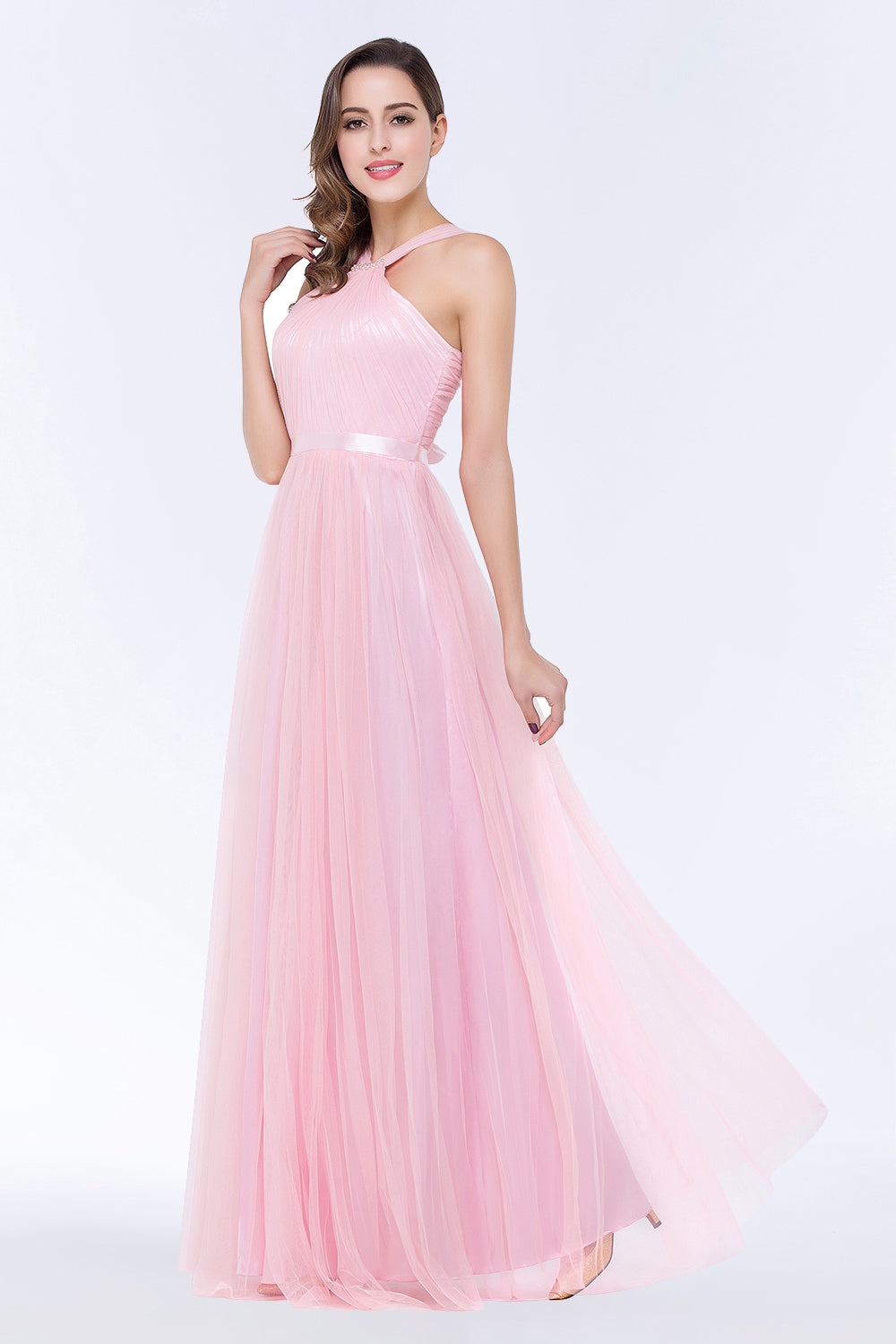 Chic Tulle Ruffle Halter Sleeveless Pearls Bridesmaid Dress with Sash-27dress