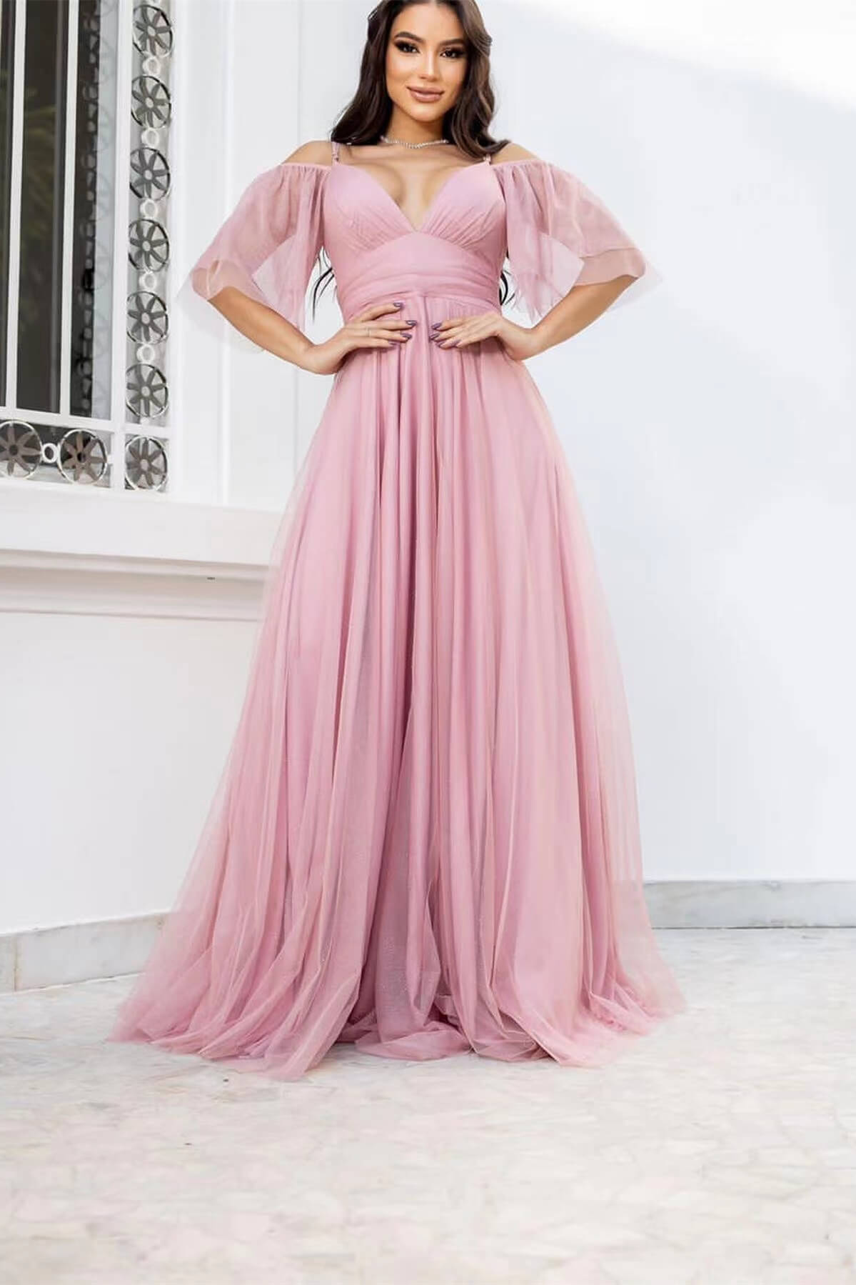 Chic Tulle Spaghetti Strap Deep V Neck Boho Prom Dress A Line With Sequins