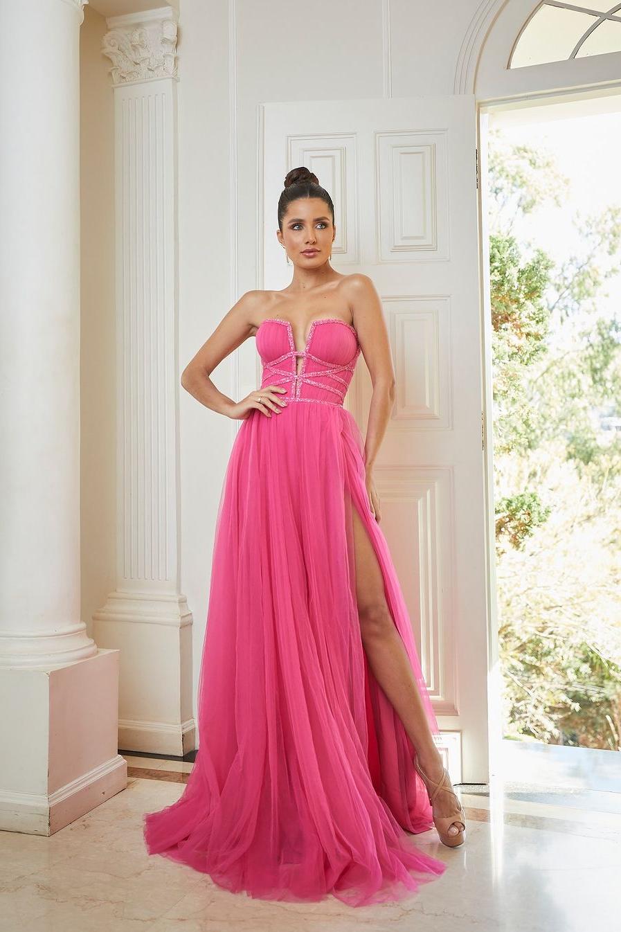 Chic Tulle Strapless Sleeveless Split Long Prom Dress With Sequins