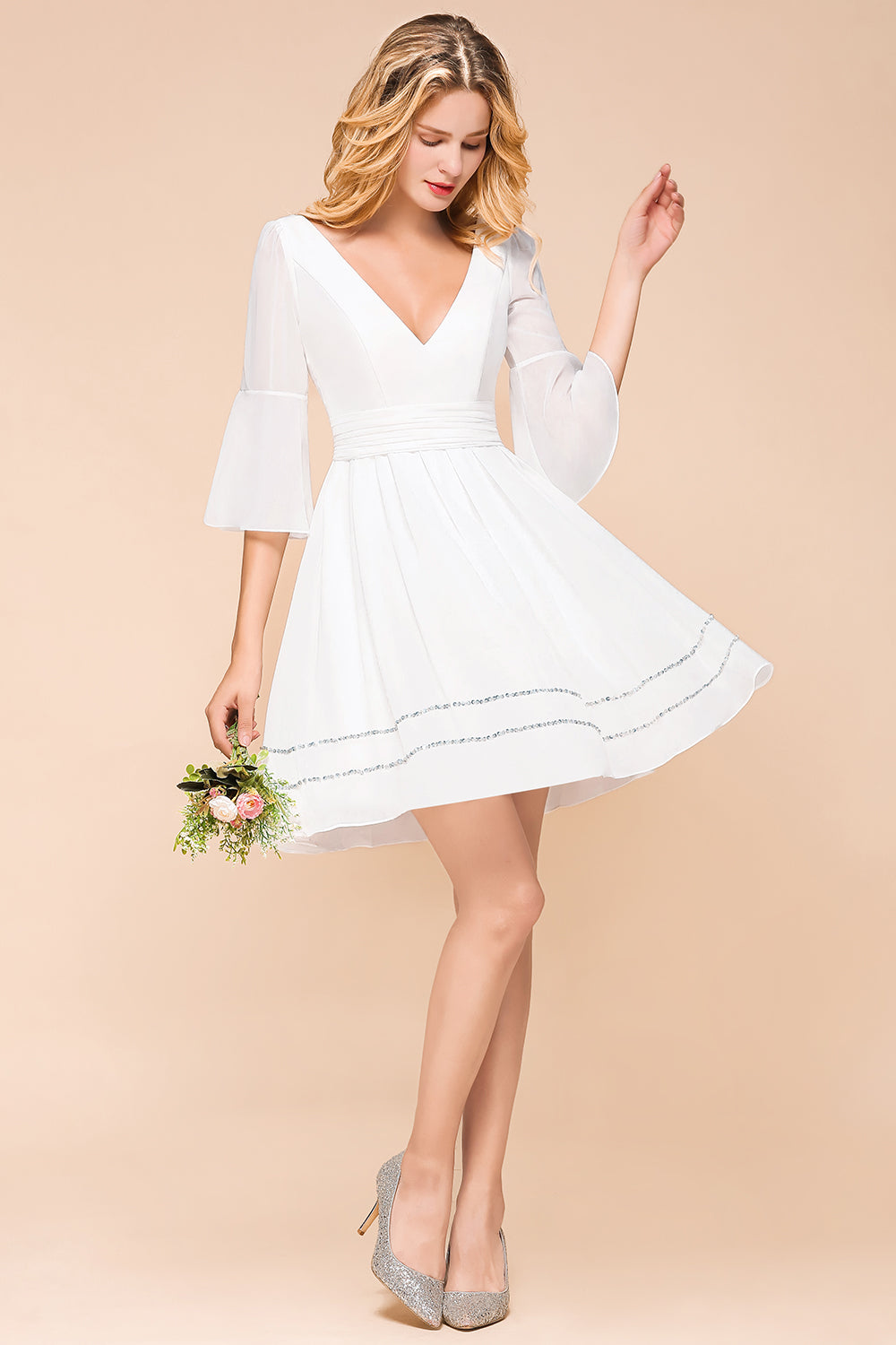 Chic V-Neck 3/4 Sleeves Short White Bridesmaid Dress with Sequins-27dress