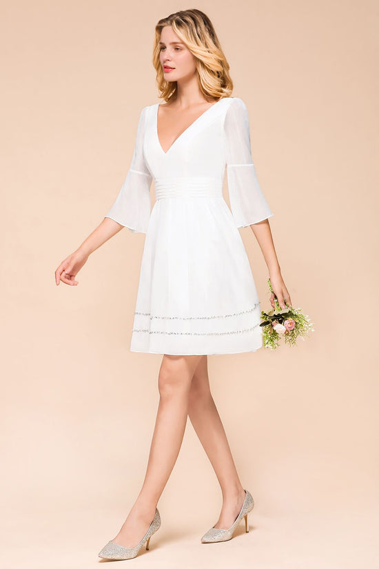 Chic V-Neck 3/4 Sleeves Short White Bridesmaid Dress with Sequins-27dress