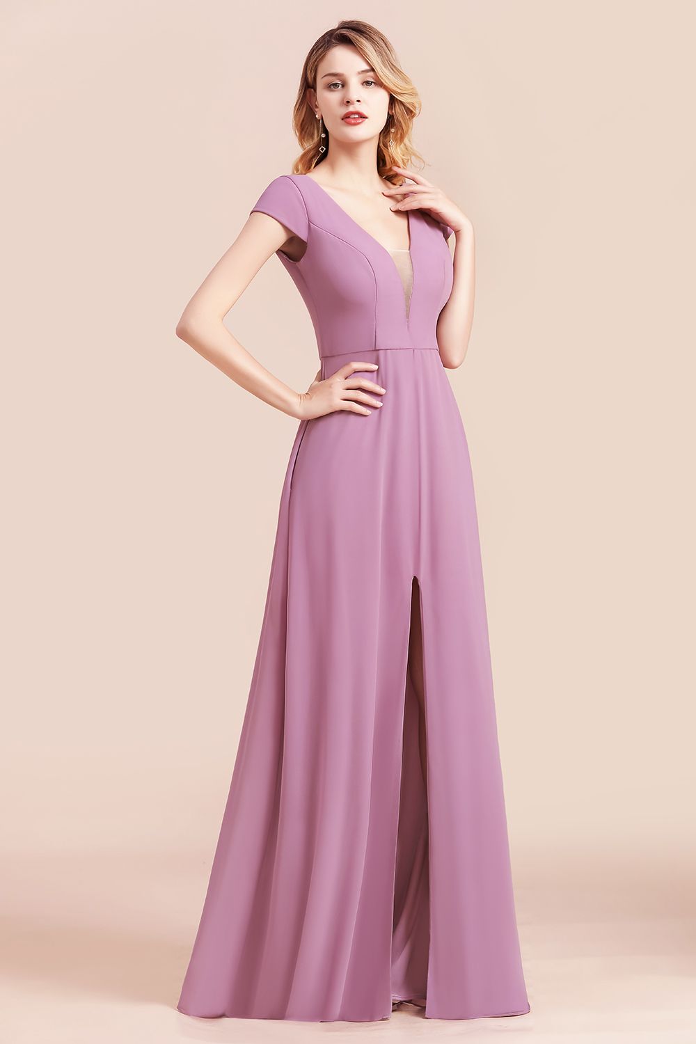 Chic V-Neck Chiffon Wisteria Bridesmaid Dresses with Short Sleeves-27dress