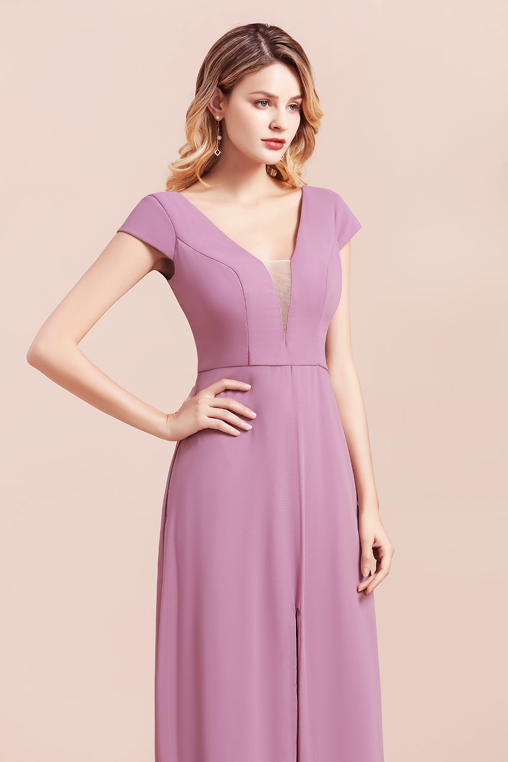 Chic V-Neck Chiffon Wisteria Bridesmaid Dresses with Short Sleeves-27dress