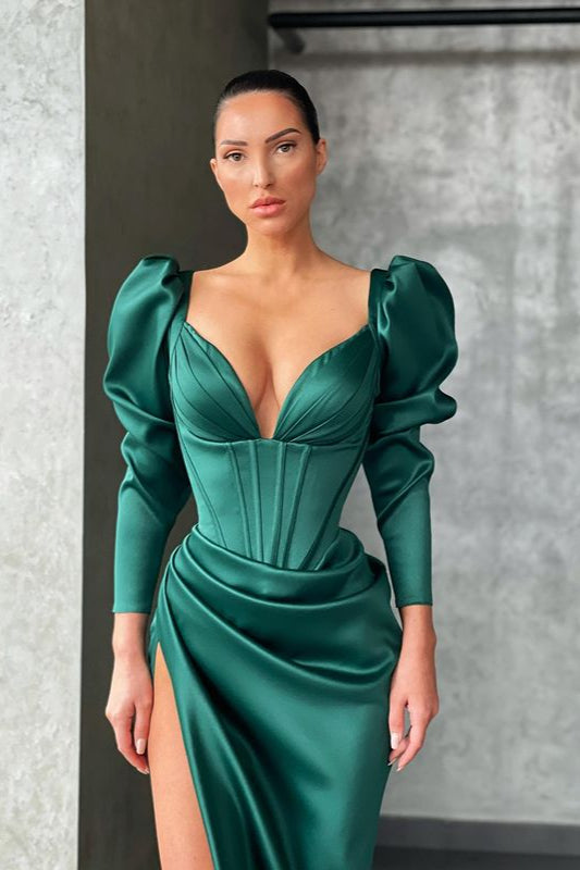 Chic V Neck Long Sleeves Pleated Long Mermaid Prom Dress With High Split