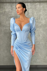 Chic V Neck Long Sleeves Pleated Long Mermaid Prom Dress With High Split