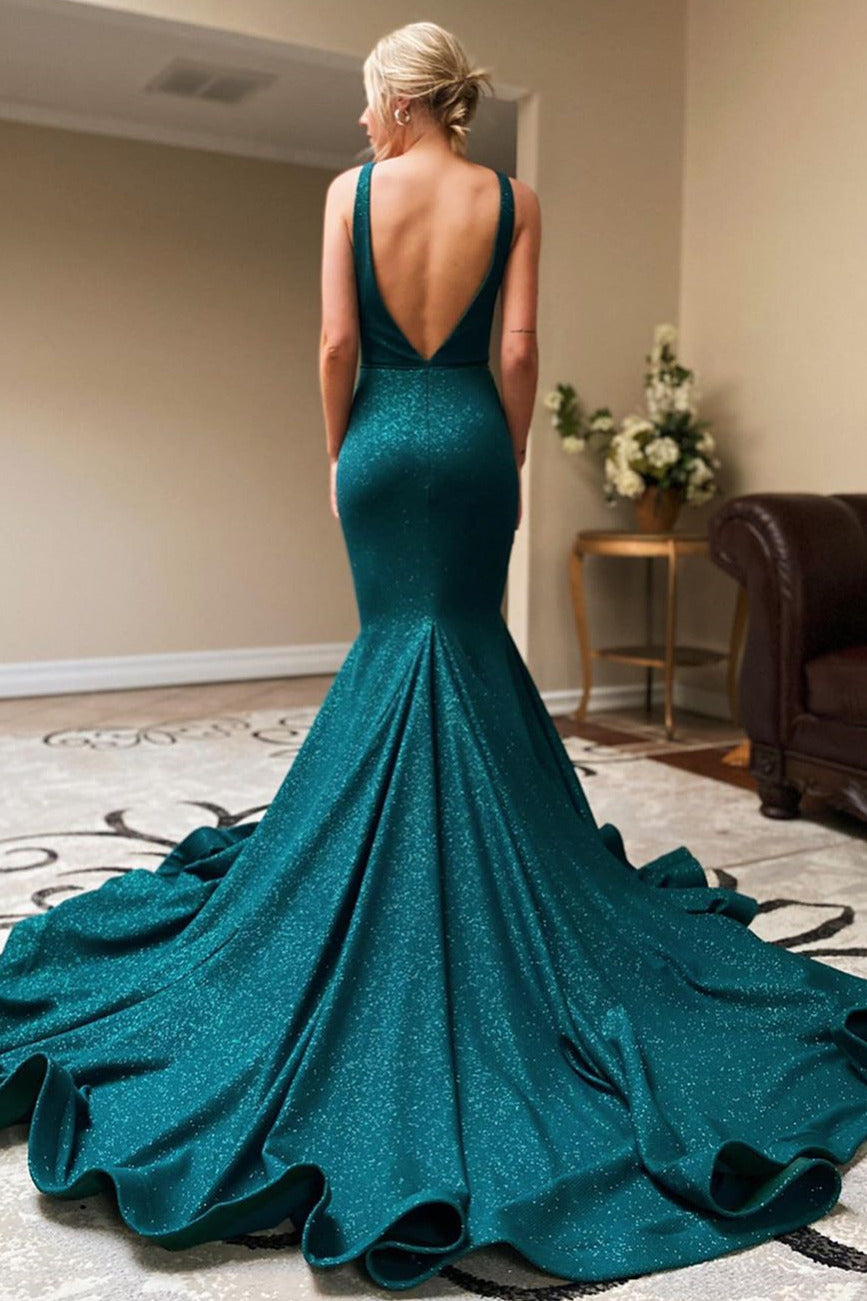 Kivary Women's Mermaid Prom Dress - V Neck, Long Formal Evening Gown With Fixed Train, Lace Up Back