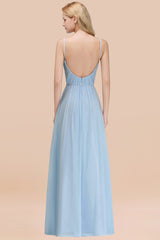 Chic V-Neck Pleated Backless Bridesmaid Dresses with Spaghetti Straps-27dress