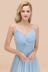 Chic V-Neck Pleated Backless Bridesmaid Dresses with Spaghetti Straps-27dress