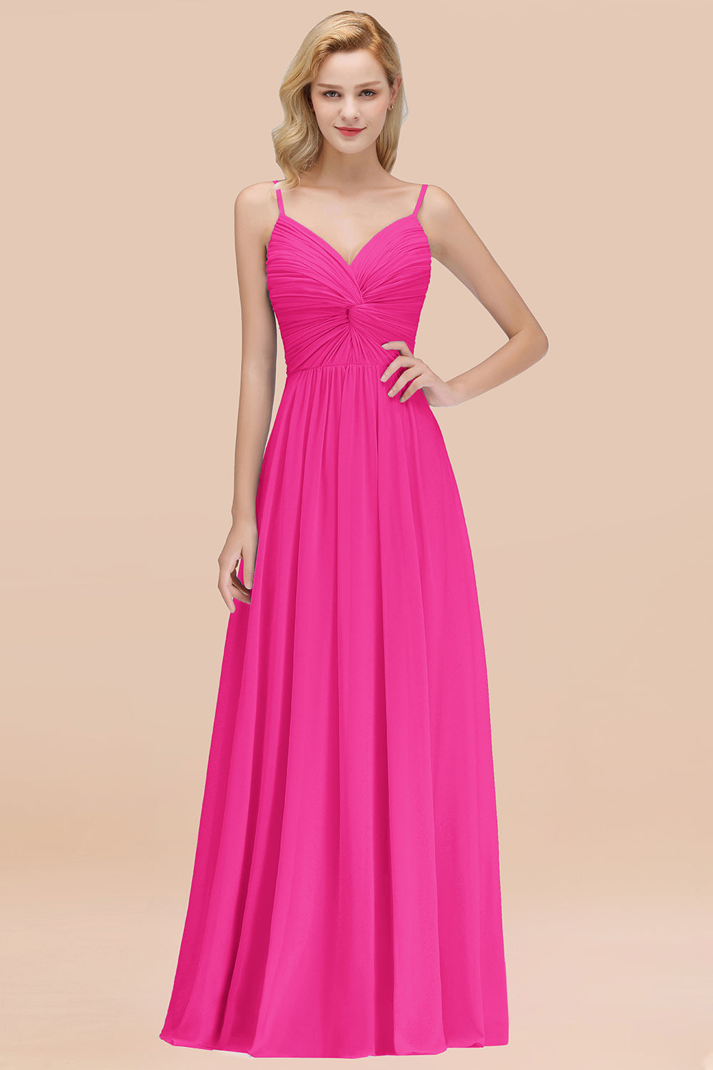 Chic V-Neck Pleated Backless Bridesmaid Dresses with Spaghetti Straps-27dress