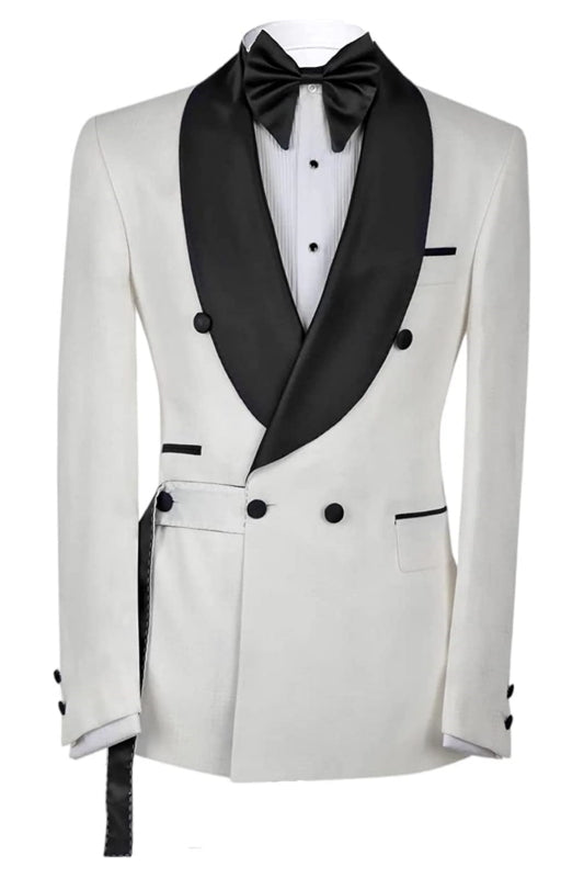 Chic Double Breasted White Wedding Suits With Black Shawl Lapel