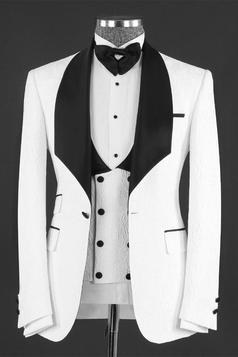 Chic Jacquard Three Pieces Shawl Lapel White Wedding Suits