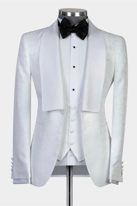 Chic White Shawl Lapel Three Pieces Jacquard Men Suits For Wedding