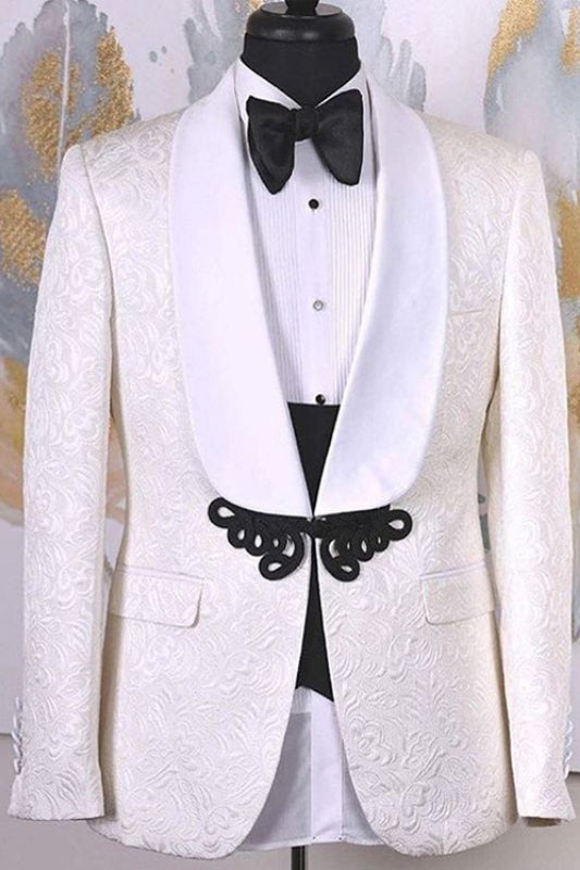 Chic Shawl Lapel Two Pieces Jacquard White Wedding Suits