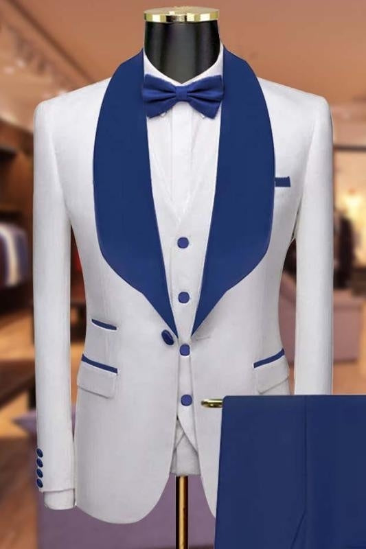 Chic Three Pieces White Wedding Suits With Blue Lapel