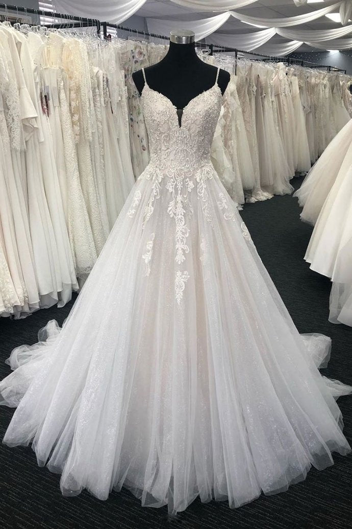 Chic White Tulle Lace Long Wedding Dress Spaghetti Straps Bridal Gowns On Sale-27dress