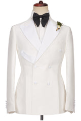 Chic Two Pieces Peaked Lapel Double Breasted White Wedding Suits
