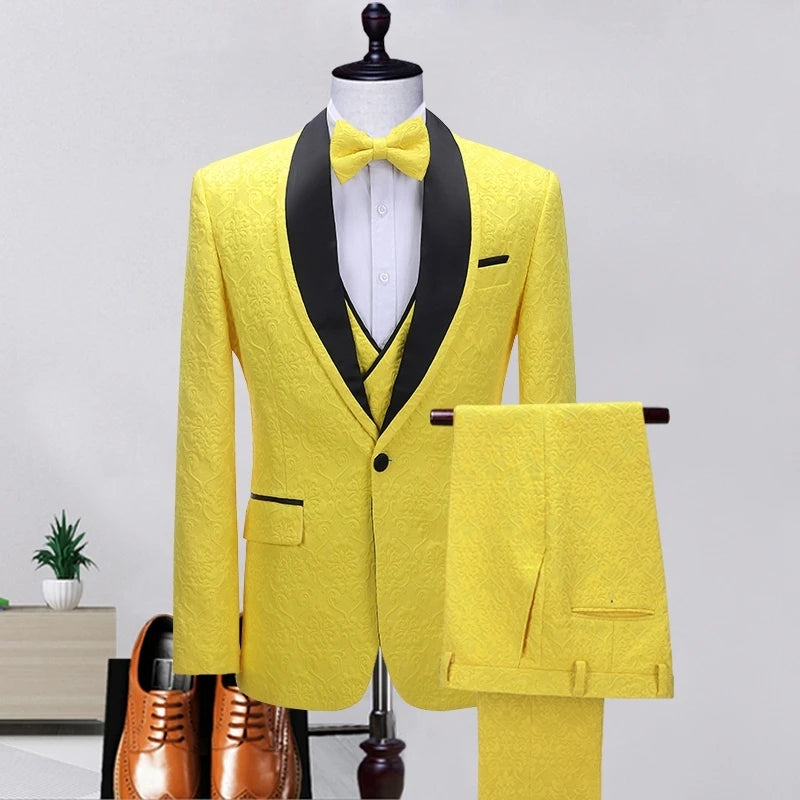 Chic Shawl Lapel Three Pieces Jacquard Yellow Prom Suits