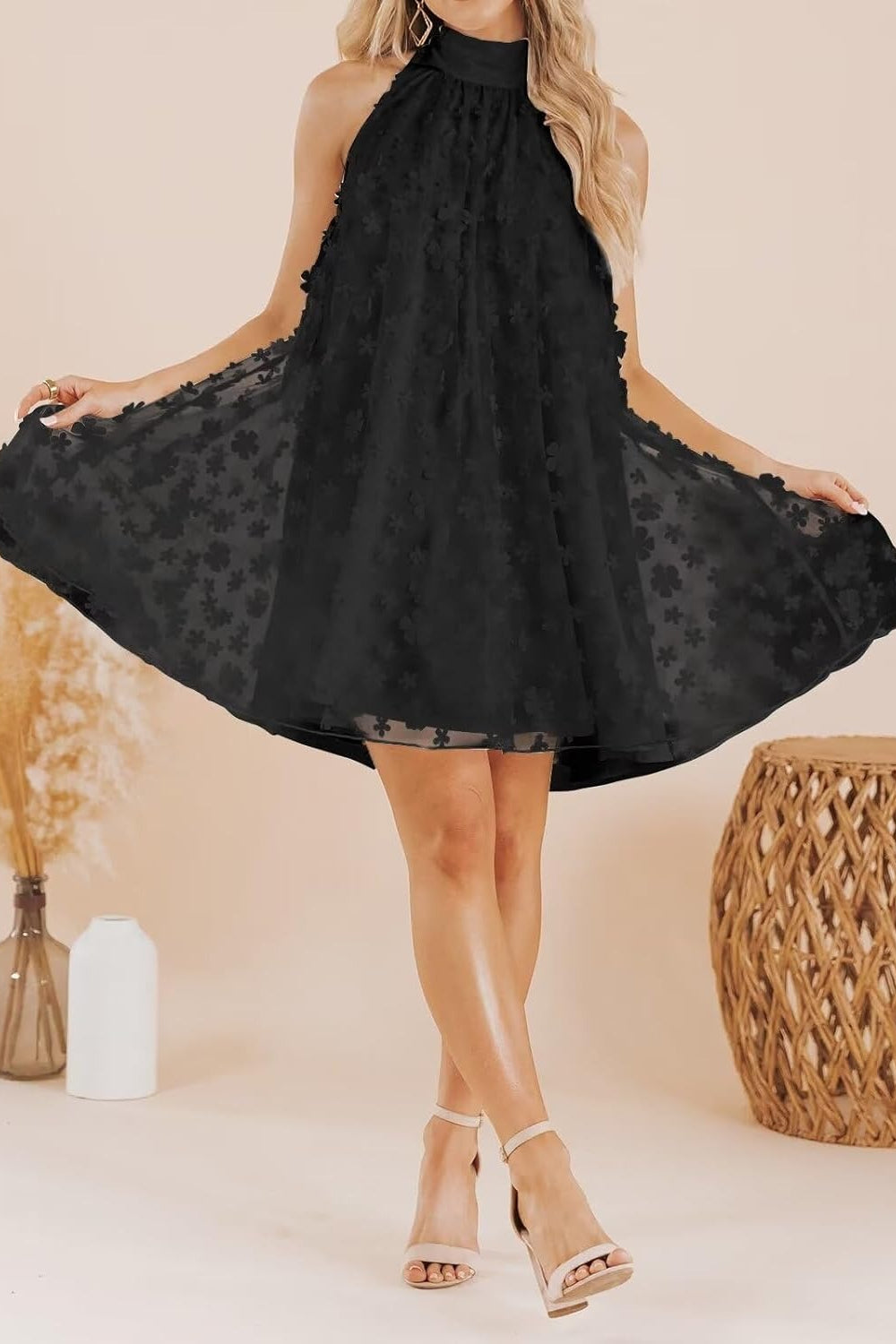 27dress black halter high neck Mini Homecoming Dress with floral textured overlay and A line swing
