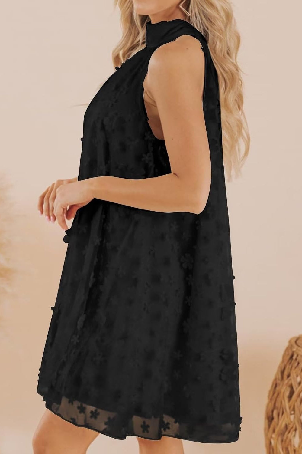 27dress Mini Homecoming Dress black sleeveless high neck A line chiffon with floral appliques