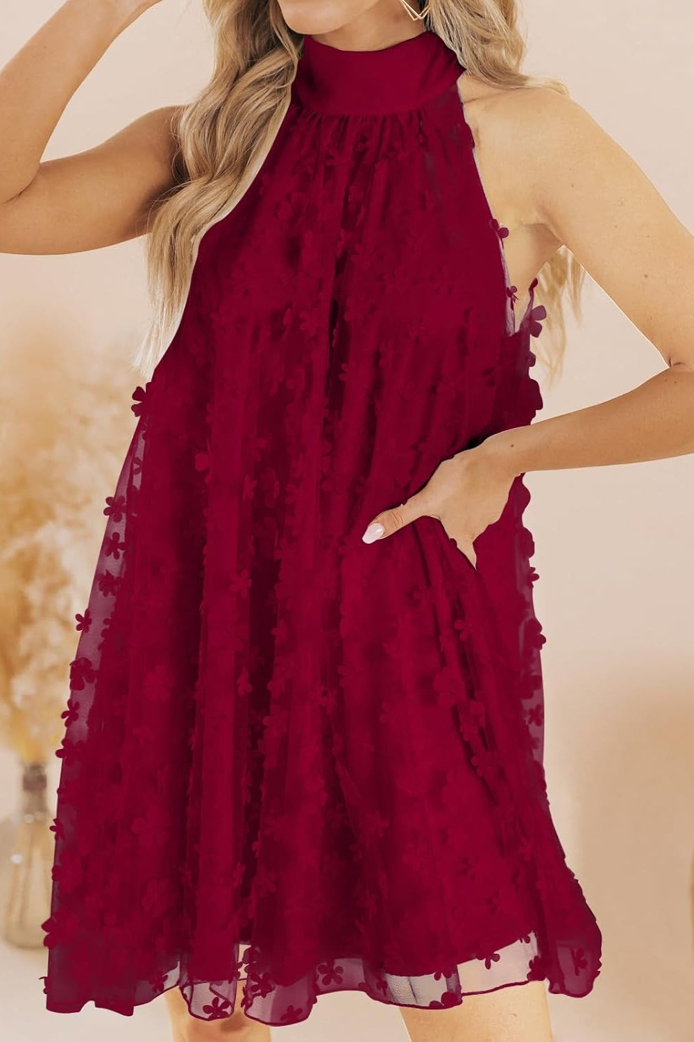 27dress burgundy halter Mini Homecoming Dress with high neck 3D floral appliques A line silhouette and side pockets