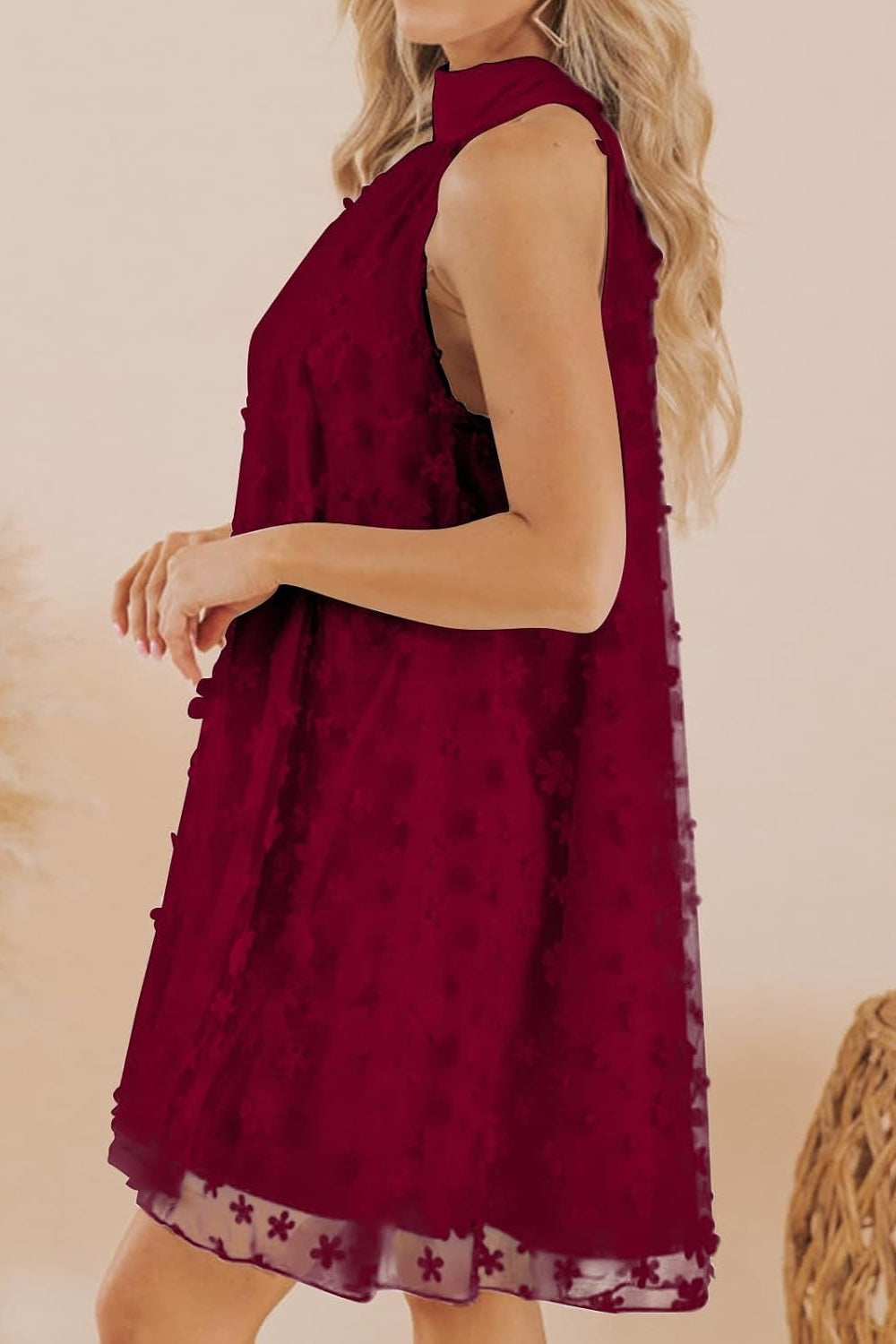 27dress burgundy sleeveless high neck floral overlay Mini Homecoming Dress A line flowy short