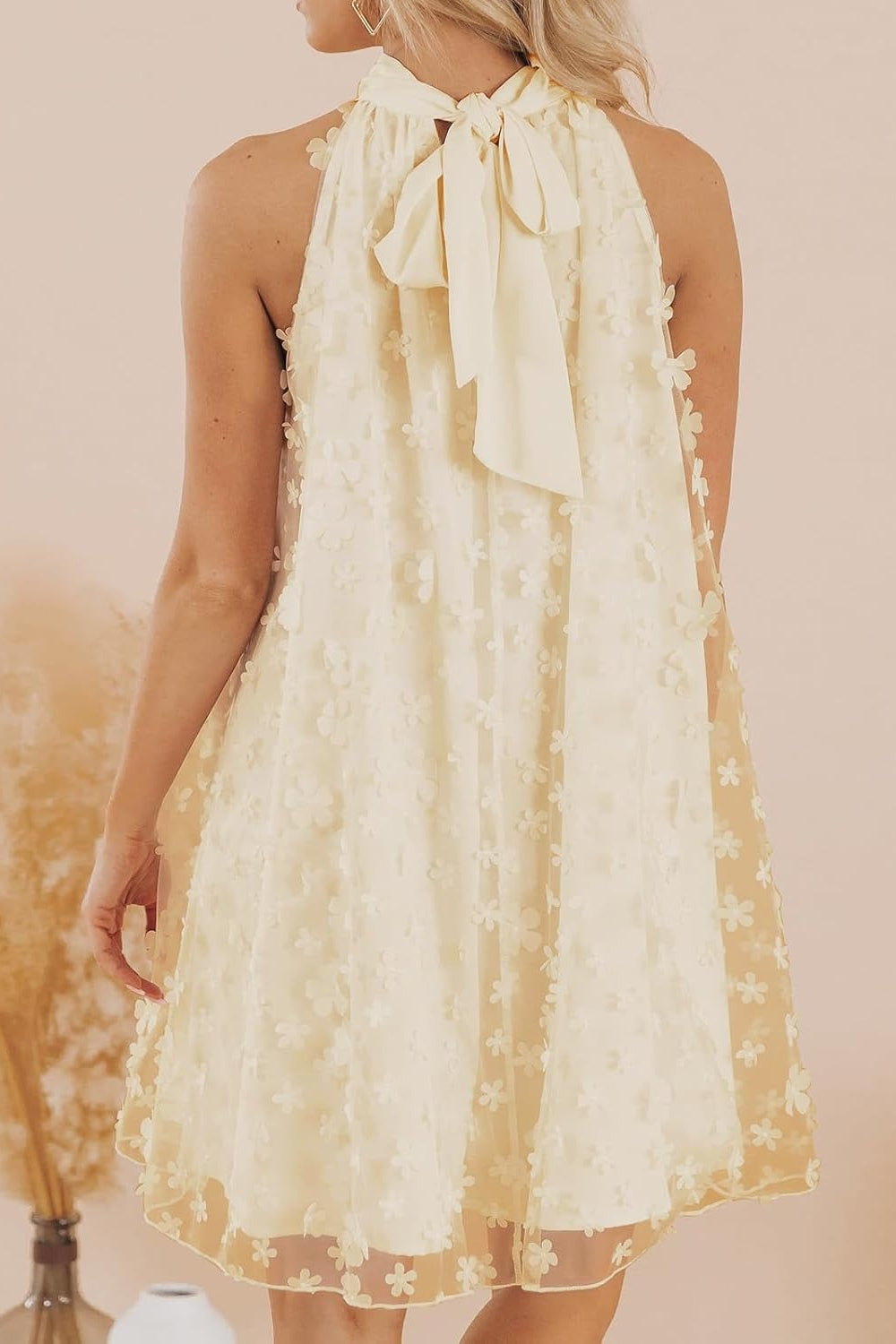 Cream floral applique halter dress with bow tie back and sheer A line overlay Mini Homecoming Dress by 27dress
