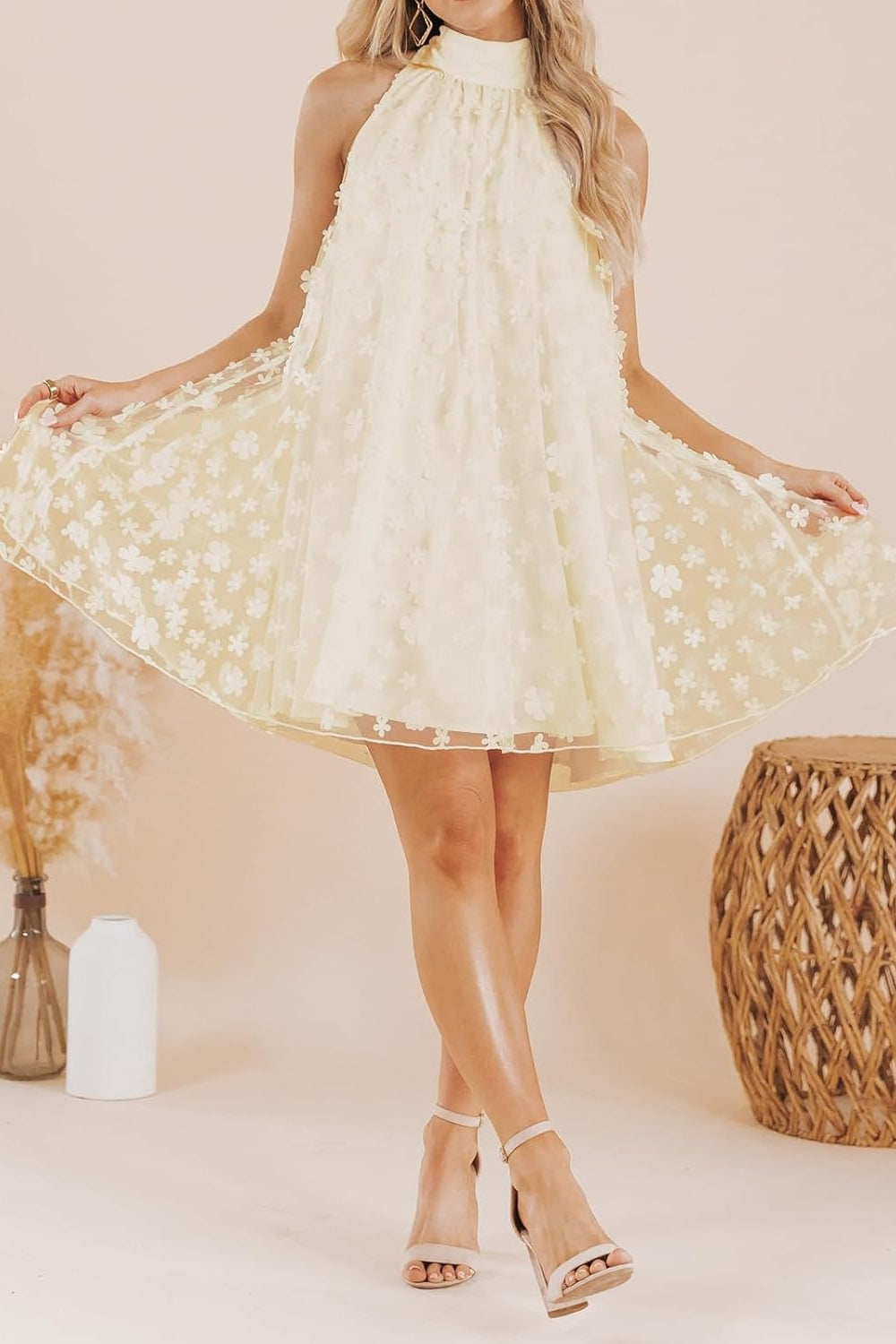 27dress ivory Mini Homecoming Dress halter high neck A line with floral lace overlay and sheer skirt