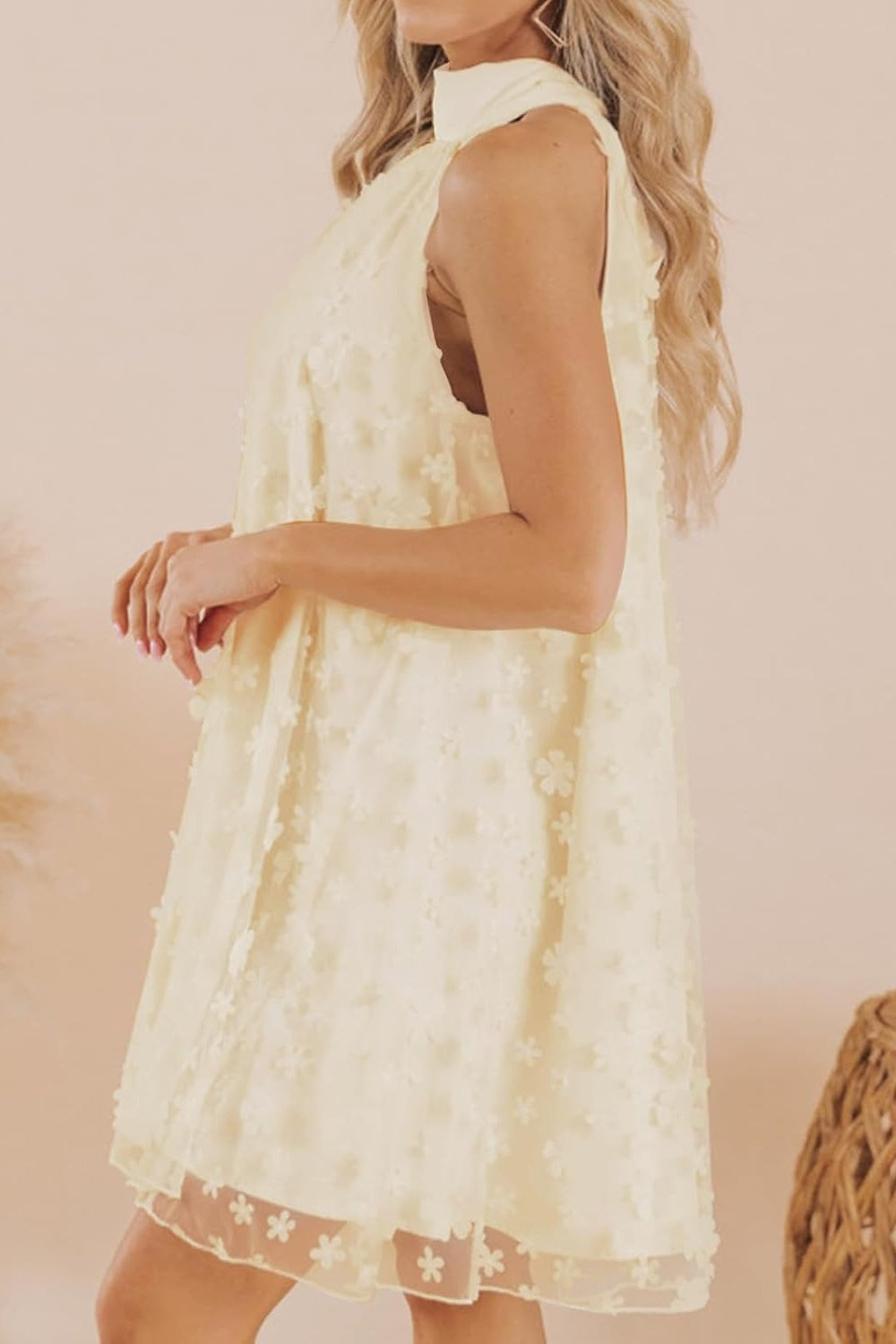 27dress cream floral chiffon Mini Homecoming Dress sleeveless high neck tie A line short party dress side view