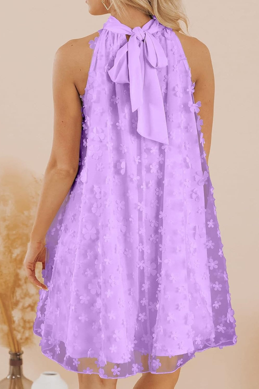 Lilac floral applique halter bow back Mini Homecoming Dress by 27dress A line sheer overlay