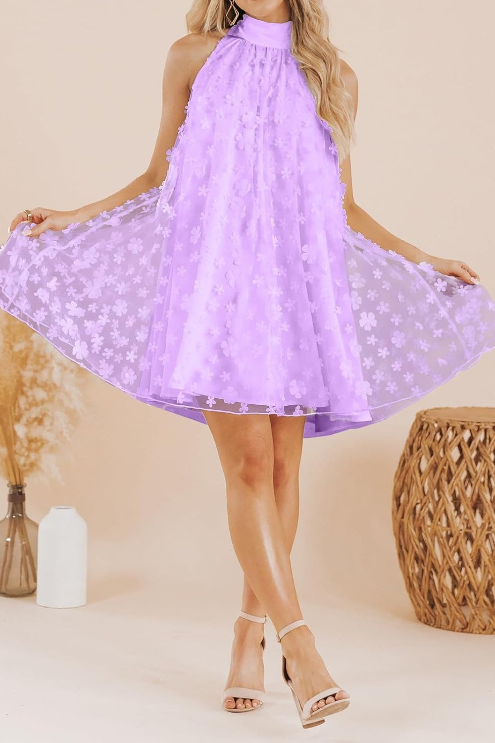 27dress lilac halter A line Mini Homecoming Dress with floral tulle overlay and open back model in heels