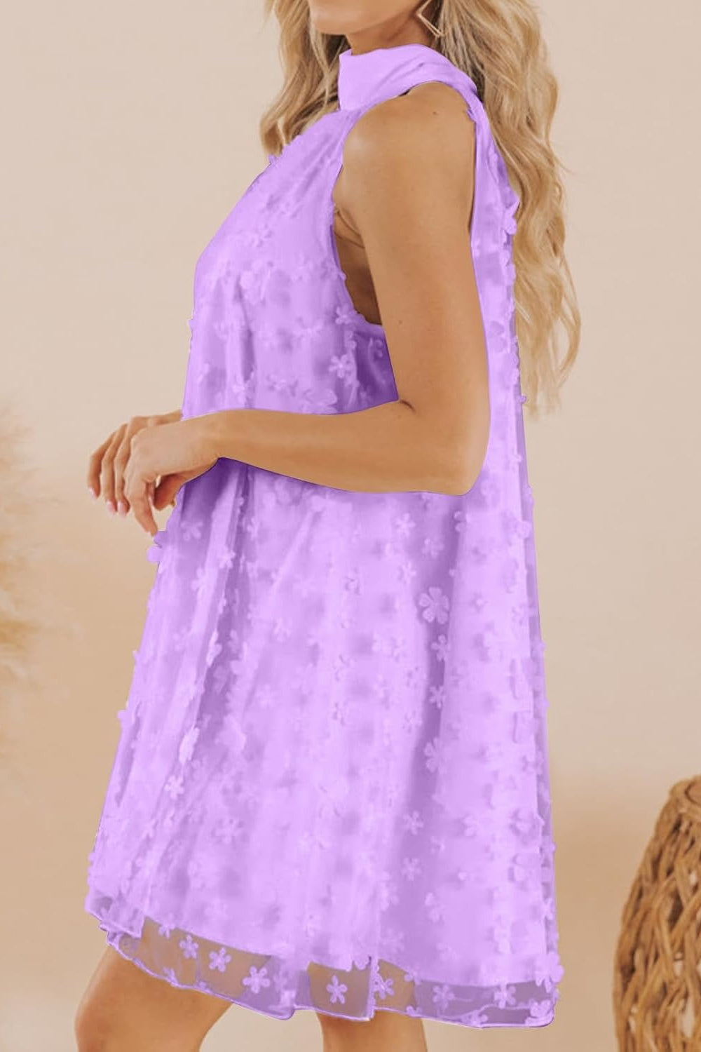 27dress lilac floral applique sleeveless Mini Homecoming Dress with high neckline tie and A line silhouette
