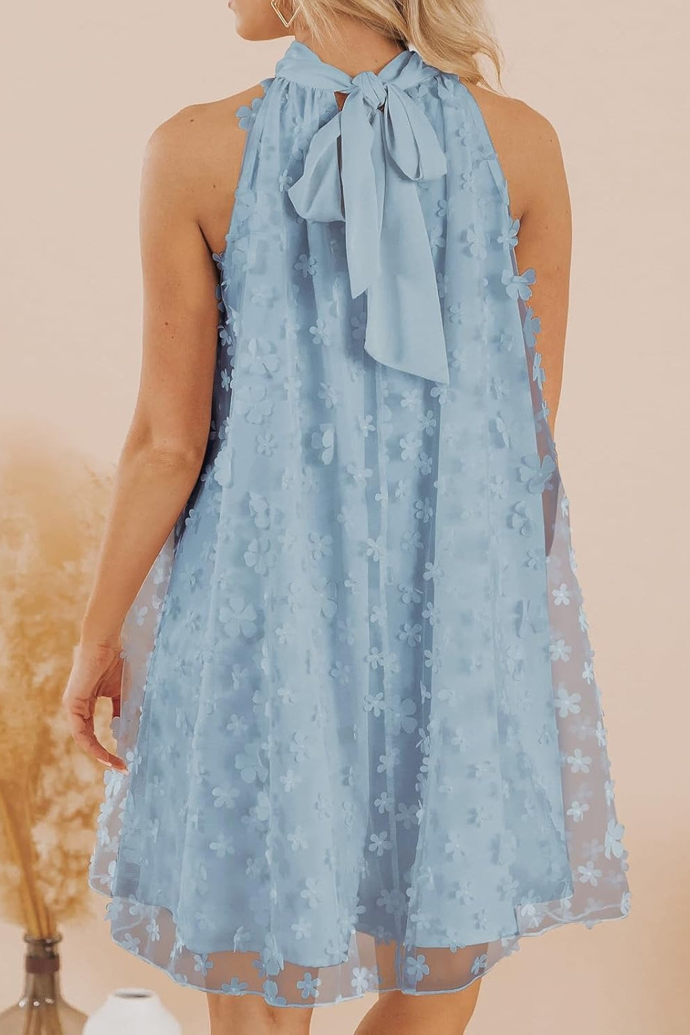 27dress light blue Mini Homecoming Dress back view halter tie bow chiffon overlay with floral appliques