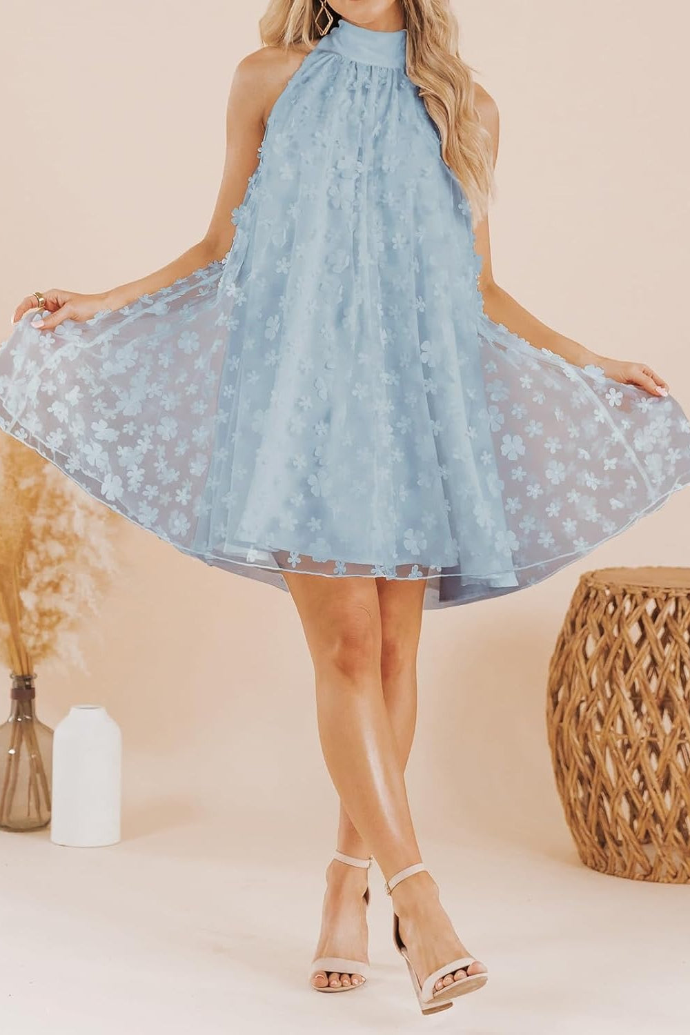 Light blue halter A line Mini Homecoming Dress with floral lace overlay and sheer swing skirt