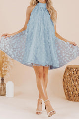 Light blue halter A line Mini Homecoming Dress with floral lace overlay and sheer swing skirt