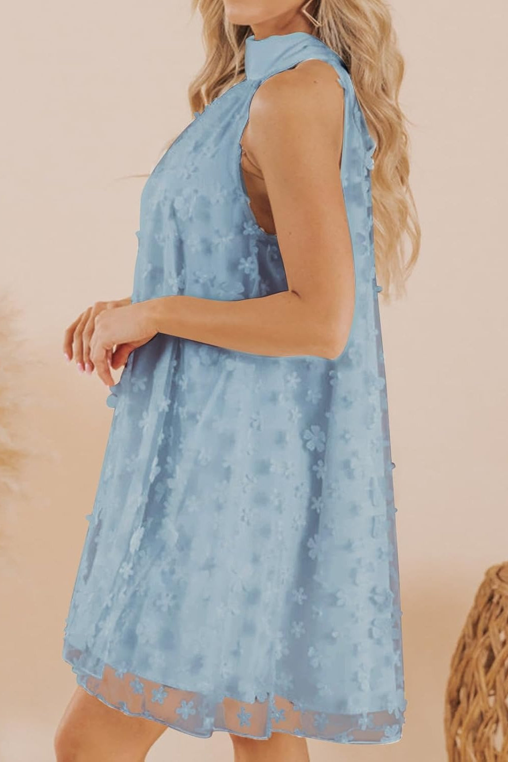 27dress light blue floral overlay Mini Homecoming Dress sleeveless tie neck A line shift
