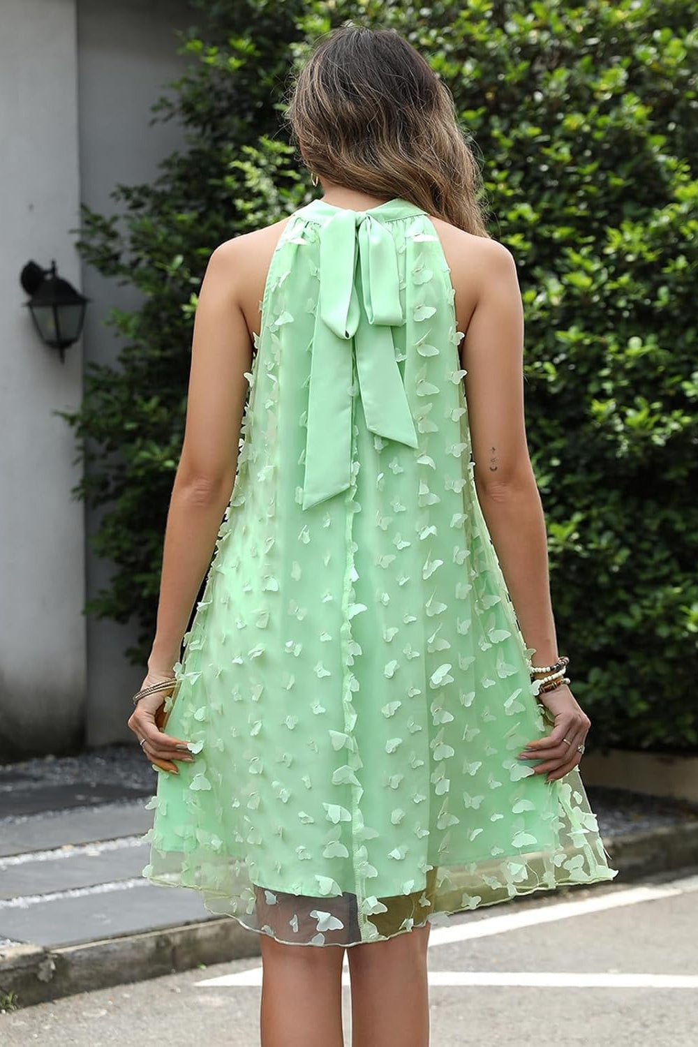 27dress mint green chiffon Mini Homecoming Dress with halter bow back and 3D petal appliques sleeveless A line