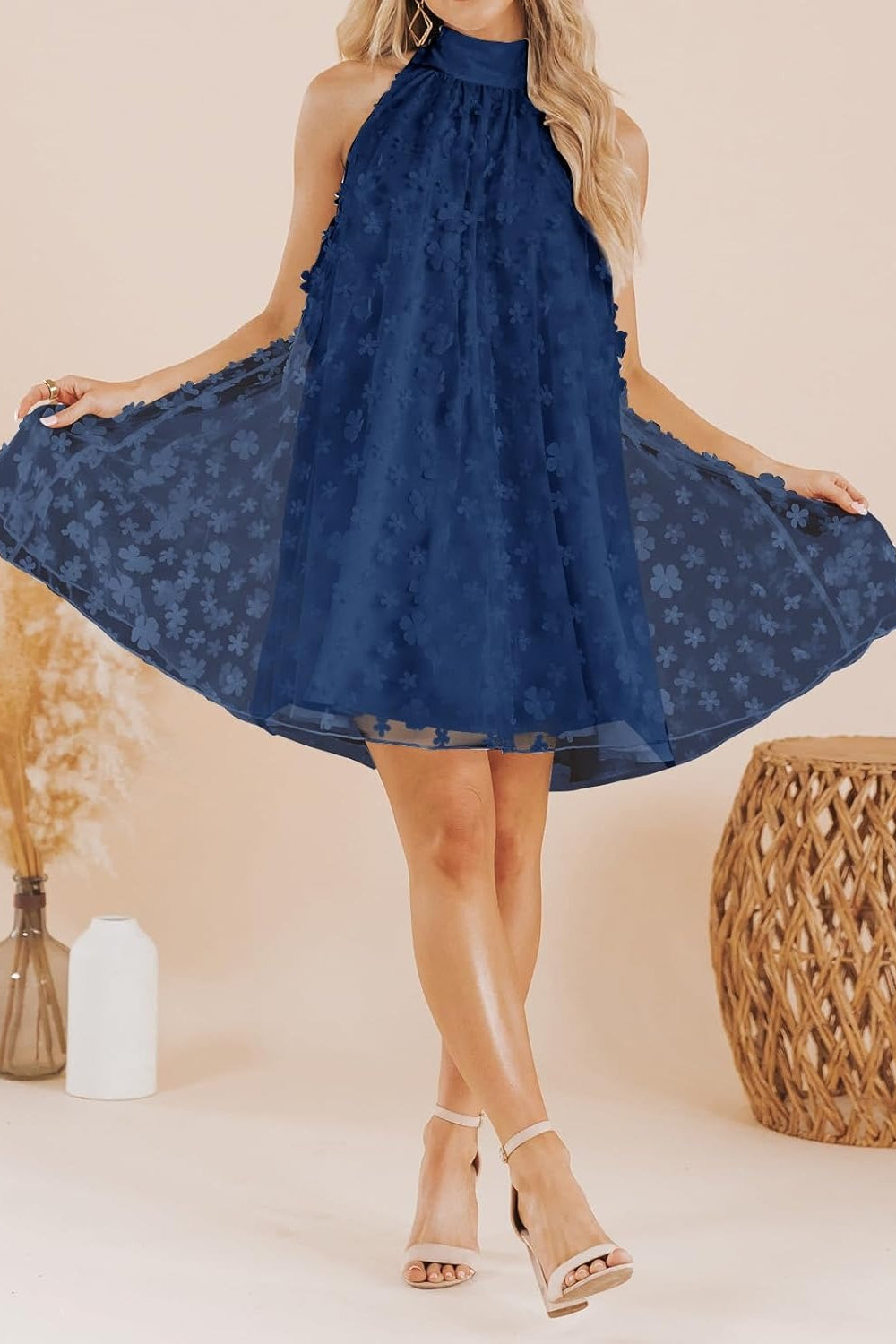 27dress navy halter A line Mini Homecoming Dress with floral lace overlay sheer hem model in heels