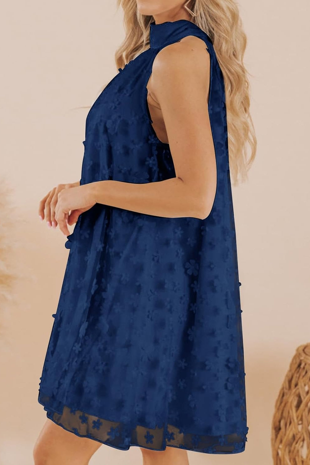 27dress navy textured floral sleeveless high neck Mini Homecoming Dress A line flowy silhouette