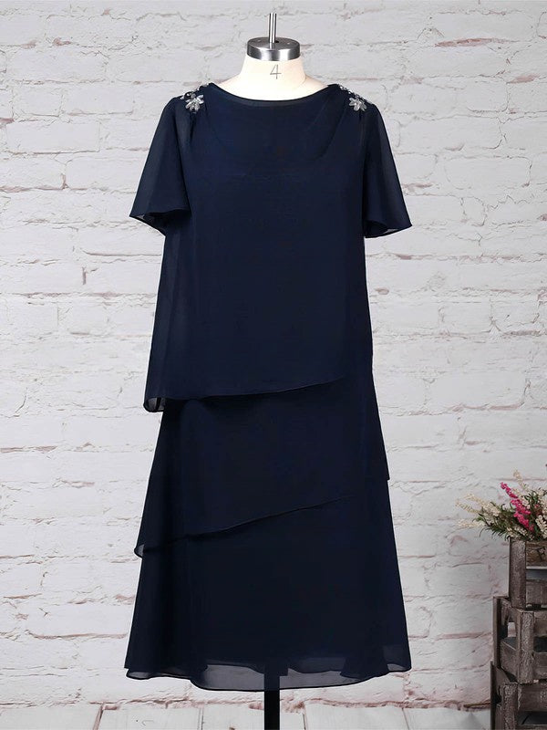 Chiffon A-line Tea-length Mother of the Bride Dress with Ruffles and Scoop Neck