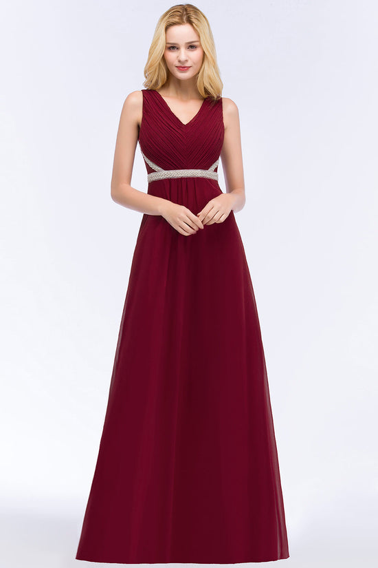 Chiffon Burgundy Long Affordable Bridesmaid Dress With Beading Sash-27dress