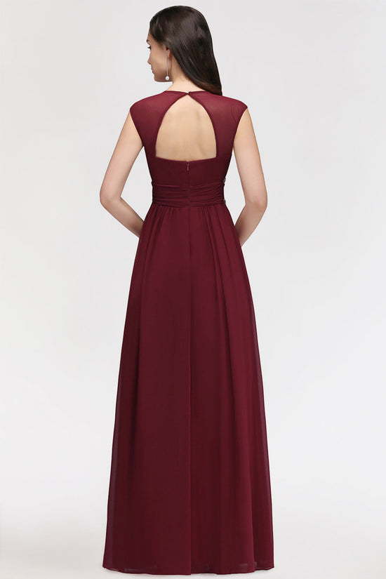 Chiffon Burgundy V-Neck Cap Sleeve Bridesmaid Dress with Beadings-27dress