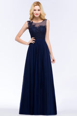 Chiffon Lace Appliques Affordable Navy Bridesmaid Dress Online-27dress