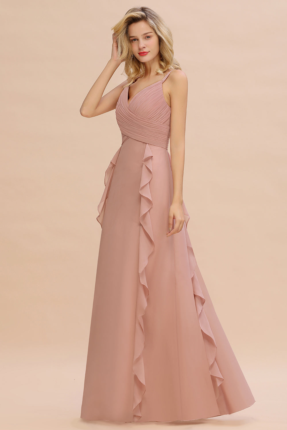 Chiffon Long Sleeveless Bridesmaid Dress with Cascading Ruffles - 2